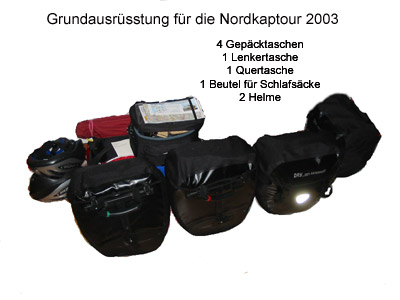 Gesamte Ausrüsstung für die Fahrt zusammengestellt.